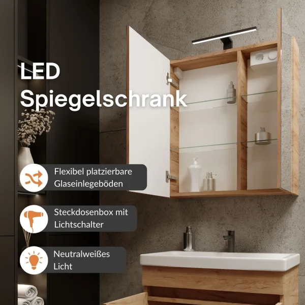 Badmöbel Set  - Waschtisch mit Spiegelschrank 60 cm / gold eiche