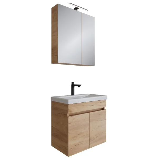 Badmöbel Set  - Waschtisch mit Spiegelschrank 60 cm / gold eiche
