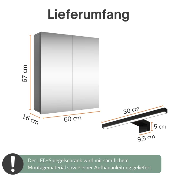 Spiegelschrank Merkur, anthrazit, 60 cm, mit LED-Leuchte in schwarz