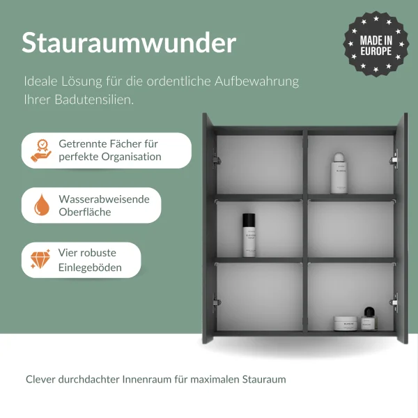 Spiegelschrank Merkur, anthrazit, 60 cm, mit LED-Leuchte in schwarz