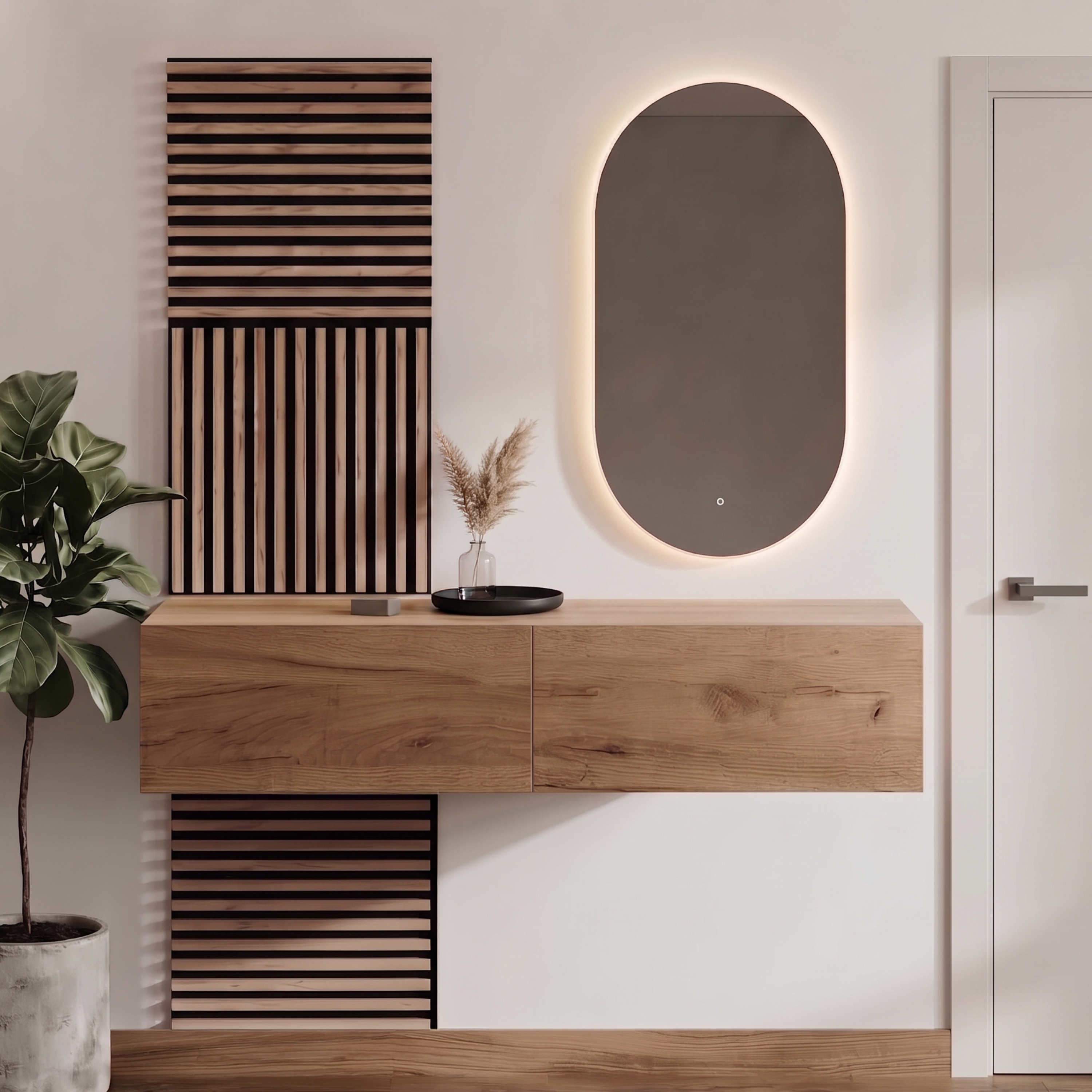 WEST Garderoben Set mit AKUSTRA Wandpaneelen, LED Spiegel und Wandkonsole