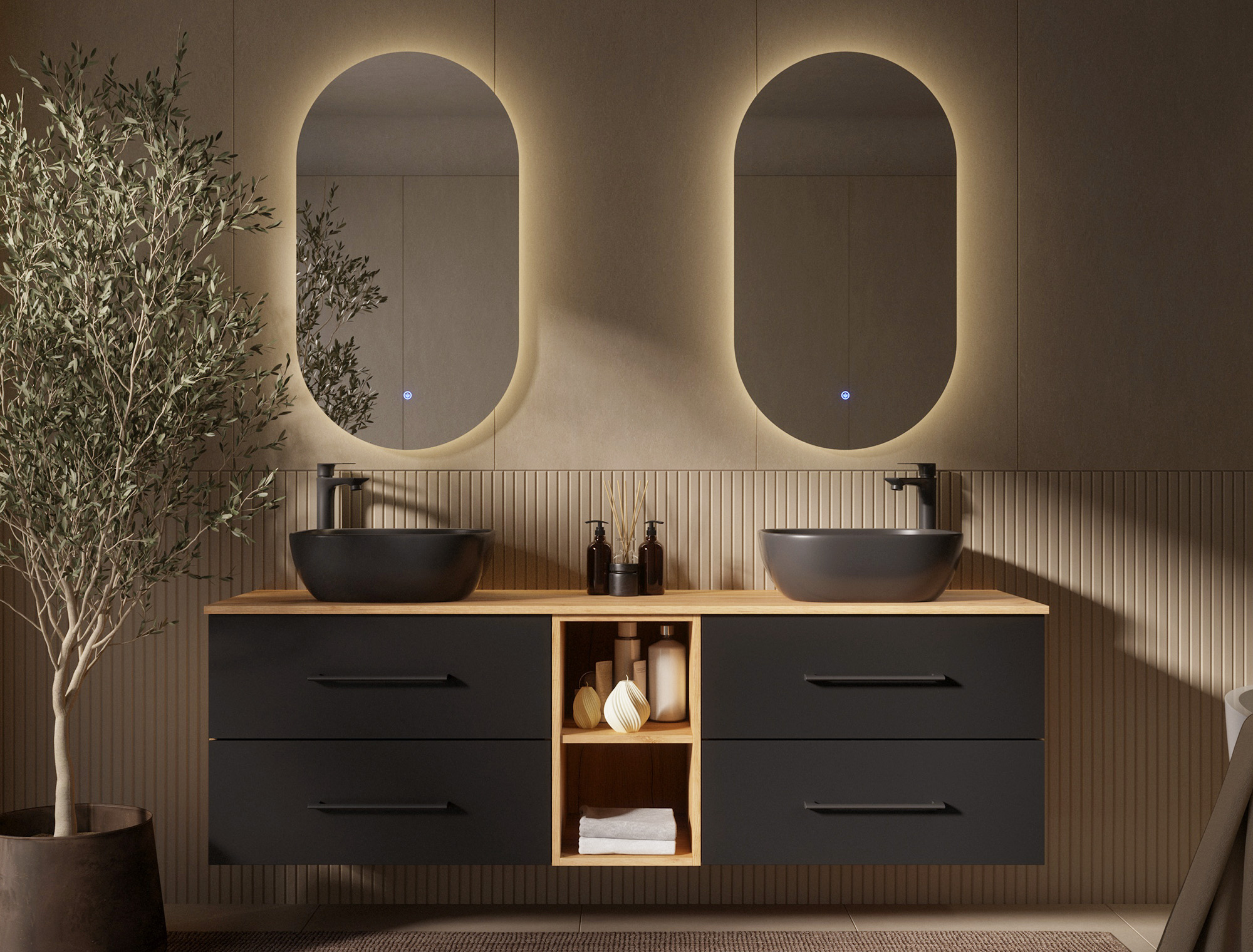 LUX Doppelwaschtisch 170 cm mit zwei 70 cm Unterschränken und offenem Regal