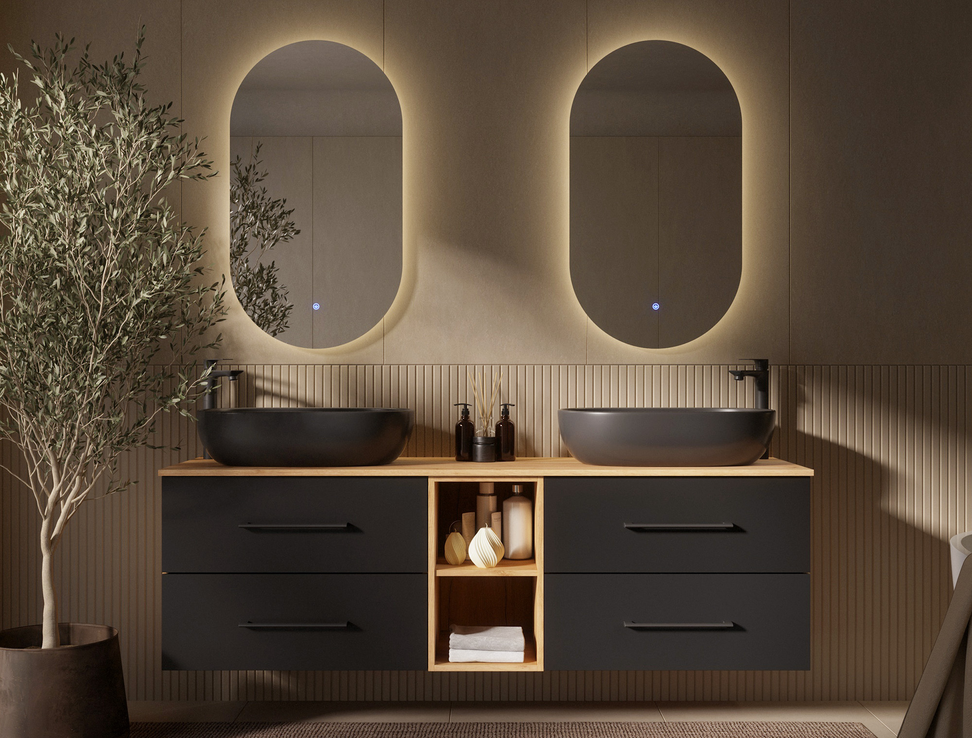 LUX Doppelwaschtisch 170 cm mit zwei 70 cm Unterschränken und offenem Regal