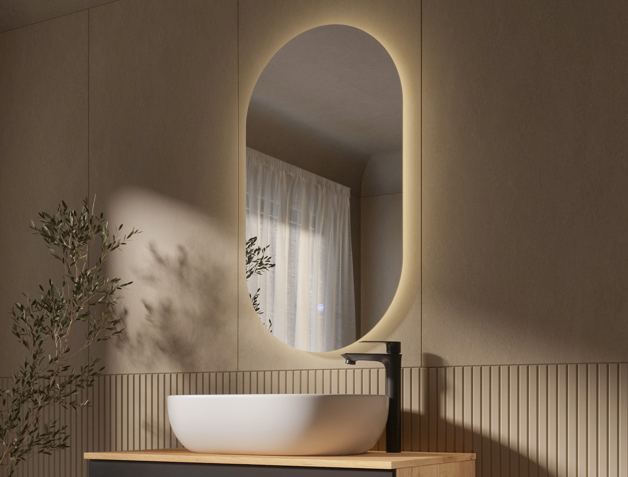 Ovaler LED-Spiegel als Bestandteil des LUX 140 cm Doppelwaschtisch-Sets